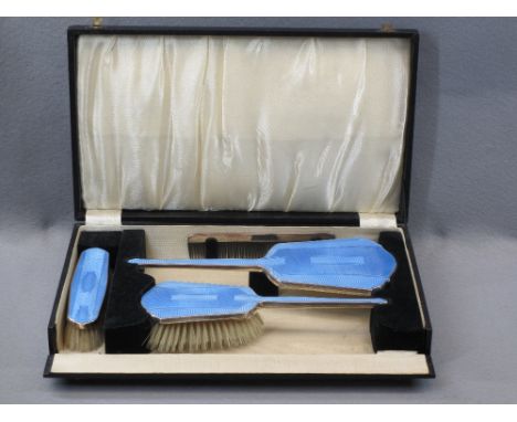 CASED HAND MIRROR, BRUSH &amp; COMB DRESSING TABLE SET - Birmingham 1937, Maker W G Sothers Ltd having Art Deco engine turn d