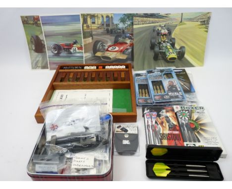 DARTS, DICE GAME, MOTOR RACING PRINTS COLLECTION - 'As New' darts sets include Power Vault by Target 22grm sets (2), Harrows 