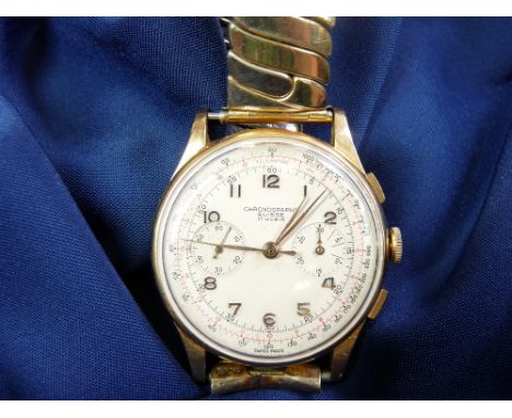 AN 18CT GOLD ENCASED GENT'S SWISS WRIST CHRONOGRAPH - with stainless steel and yellow metal expanding bracelet