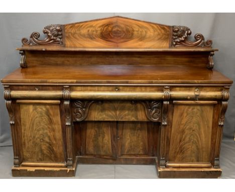 VICTORIAN MAHOGANY SHELF-BACK SIDEBOARD - Cornucopia fruit carved decoration to the back, scroll shelf supports, with three s