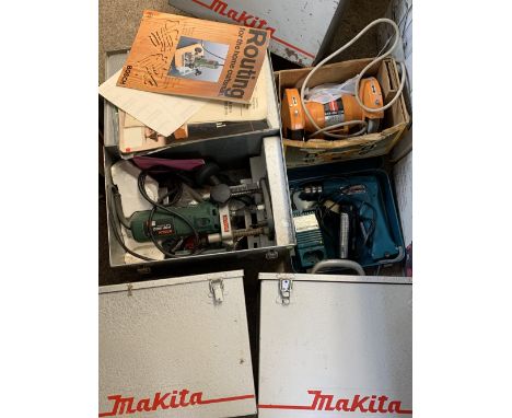 ELECTRIC POWER TOOLS &amp; FOUR MAKITA CLIP SHUT METAL BOXES - the tools include a Makita cordless drill with battery and cha