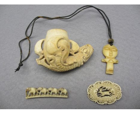 CARVED BONE JEWELLERY &amp; A MEERSCHAUM PIPE BOWL to include a Dieppe type brooch of reticulated form showing a running stag