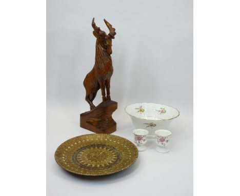 CIGAR BAND DECORATED PLATE, early hand painted bowl and two egg cups with a Black Forest style carved wooden goat, the plate 