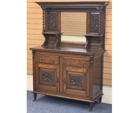VINTAGE OAK MIRROR BACK SIDEBOARD - barley twist upper supports and carved detail to the panels over a base section of two dr