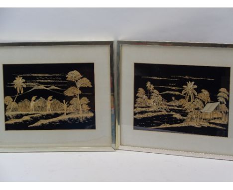 BAMBOO PICTURES, A PAIR - depicting workers in Paddy Fields, 24 x 33.5cms, INDIAN WHITE METAL TRAY, silver top bottles, other