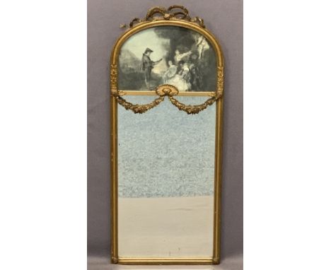 VINTAGE PIER TYPE MIRROR - the curved top with inset classical scene print, applied crest ribbon and lower garland detail, th
