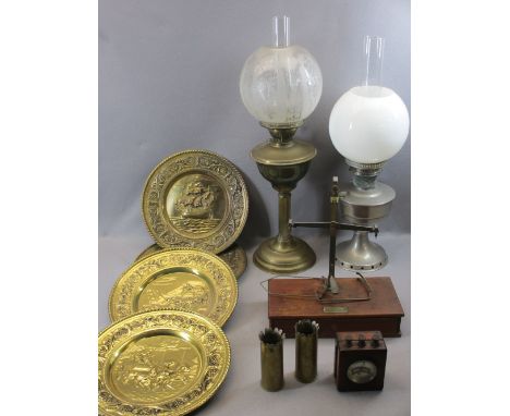 VINTAGE OIL LAMPS &amp; OTHER COLLECTABLES - a small set of beam scales, vintage galvanometer, repousse brass wall plaques an