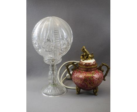 CUT GLASS LAMP WITH GLOBULAR SHADE, Fischer J Budapest, enamel painted jar and cover Japanese style