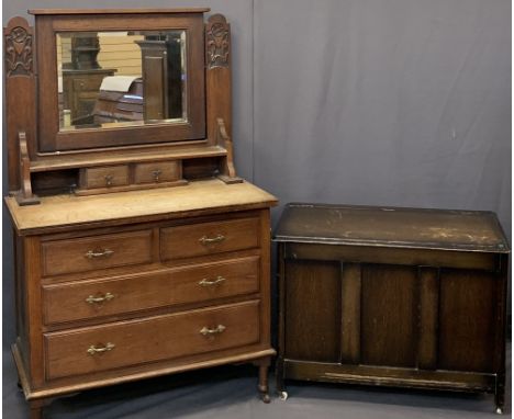 VINTAGE OAK MIRRORED DRESSING CHEST &amp; NON-MATCHING LIDDED BLANKET BOX - the chest with carved detail to the mirror suppor