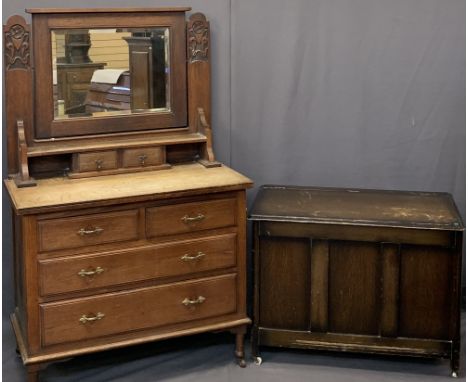 VINTAGE OAK MIRRORED DRESSING CHEST &amp; NON-MATCHING LIDDED BLANKET BOX - the chest with carved detail to the mirror suppor