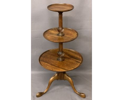19TH CENTURY DUMB WAITER - mahogany circular three tier on tripod supports and pad feet, 1m x 54cms