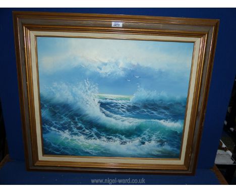 A wooden framed oil on canvas depicting a seascape signed lower right Dawson. 30 3/4" x 27".