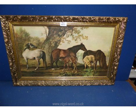 A gilt framed over varnished print on board of horses and foals.