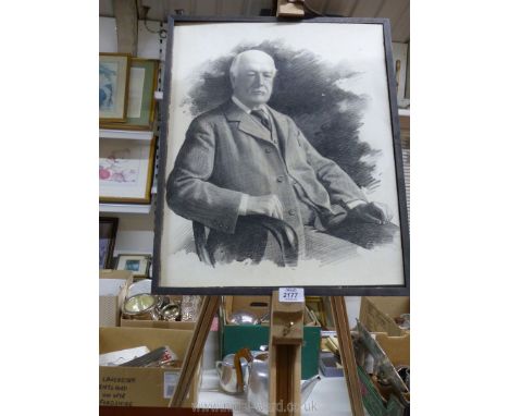 A Charcoal portrait of a gentleman sat in a chair mounted on an easel.