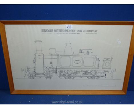 A framed scale print depicting a standard outside cylinder tank locomotive, designed and constructed by William Adams. 30 1/4