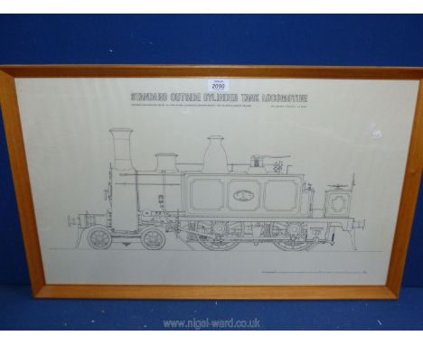 A framed scale print depicting a standard outside cylinder tank locomotive, designed and constructed by William Adams. 30 1/4