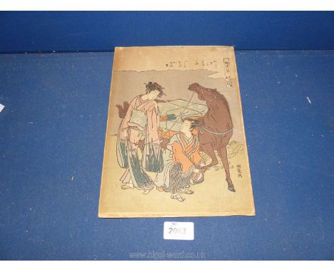 A signed Japanese block Print depicting a couple with their belongings on a horse that has gone lame, the man tending to it, 