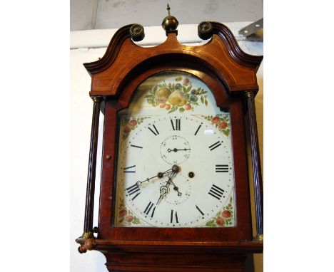 Victorian mahogany longcase clock, the arched enamel dial painted with fruit, 220cm.