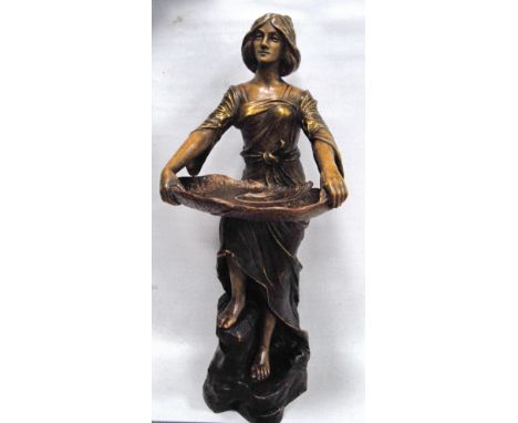 Austrian Art Nouveau terracotta figure of a lady holding a lily pad marked BB and numbers.   Condition Report  Some light fla