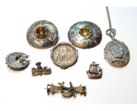 German Reich three Marks, 1913, mounted as a brooch, a silver large locket and necklet, a Scottish chalcedony and cairngorm b