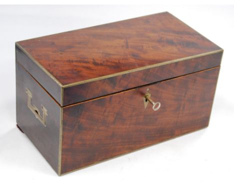Mid-19th century brass and mahogany campaign style tea caddy with twin canisters and recessed side handles, 17cm wide and 31.