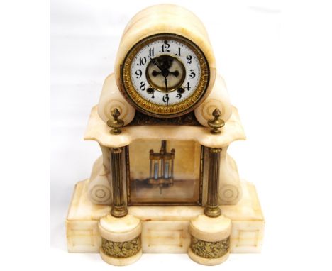 Ansonia alabaster mantel clock with Arabic numeral dial, mercury pendulum, striking on a gong, 47cm high.