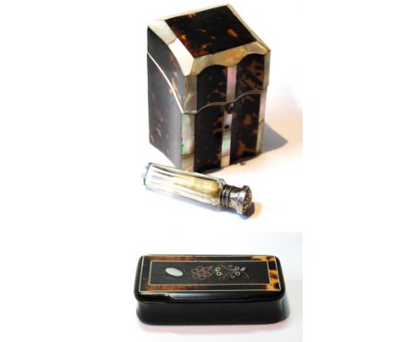 Victorian tortoiseshell and mother of pearl necessaire with sloping front and a similar snuff box.  (2)