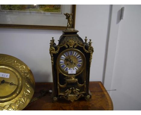 A 19th century boulle work mantel clock, Japy Freres, the case of architectural form, with caddy top surmounted by a figure o