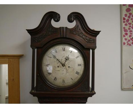 A 19th century mahogany longcase clock, the silvered dial (associated, probably earlier), with Roman numerals enclosed within