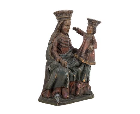 MADONNA MIT KIND, wohl Spanien oder Südfrankreich 15./16. Jh., Holz, vollplastisch geschnitzt und farbig gefasst, Figur der t