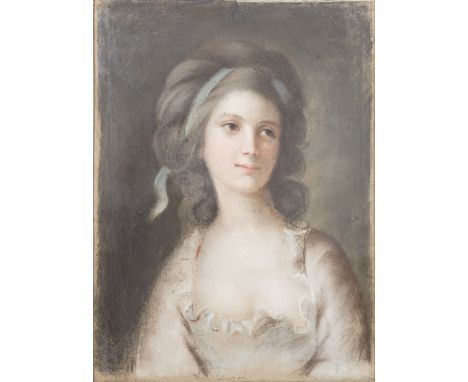 MALER/IN frühes 19. Jh., "Portrait einer jungen Dame mit blauem Tuch im Haar", Brustbildnis mit hellem Kleid, Pastell/Papier 