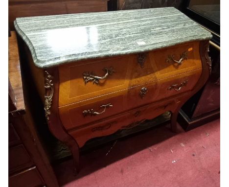 *A contemporary French walnut and crossbanded bombe commode, having a green variegated shaped marble top, over three long dra
