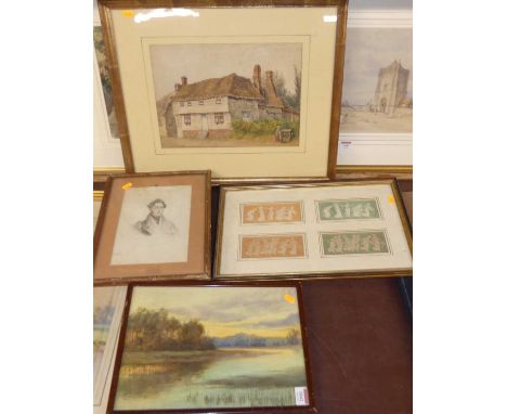 Watercolours to include English school - study of a pantile house, river landscape, and a satirical work, together with a pen