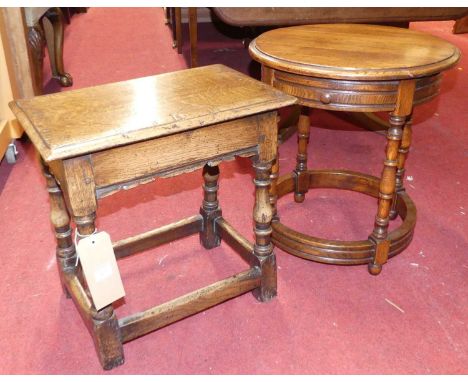*A contemporary moulded oak joint stool raised on turned and square cut supports, width 45.5cm, together with a further conte