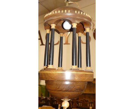 In the style of David Linley - a walnut, ebonised and satinwood hanging ceiling light, of cylindrical portico architectural f