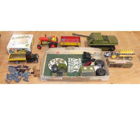 A box containing Meccano Army multi kits, tin plate clockwork tractor and trailer etc
