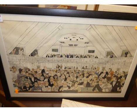 A framed satirical print commemorating Glyndebourne Festival Opera; together with a festival programme from 1969 (2)
