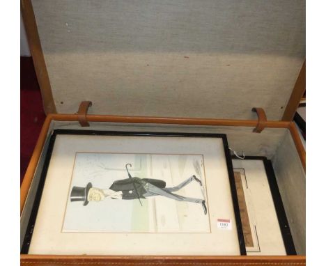 A leather suitcase containing satirical prints, overpainted portrait prints etc 