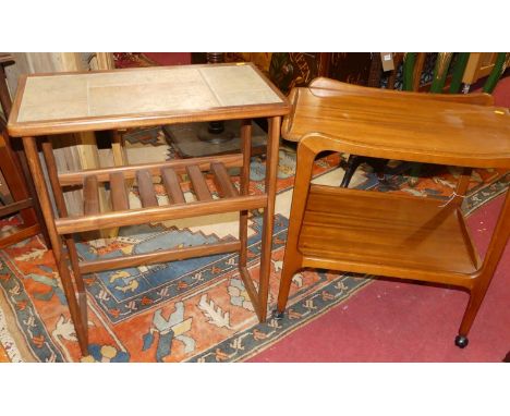 A 1970s teak and tile top inset side table, having a laddered undertier, w.64cm; together with a 1970s teak two-tier two trol
