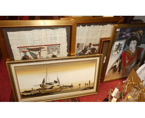 Two framed batik studies, a framed display of Will's cigarette cards, modern Japanese print, and a modern continental oil (5)
