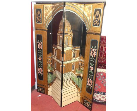 A decorative black lacquered polychrome painted and gilt decorated four-fold screen, decorated with a domed public building w