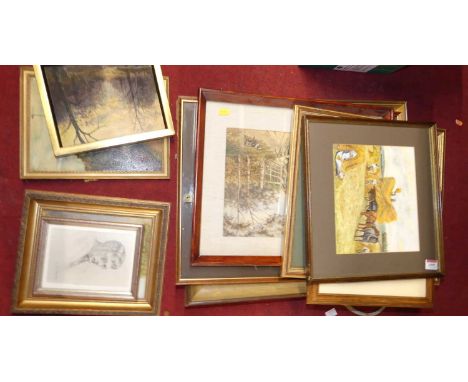 Assorted pictures and prints, to include amateur topographical oils, pencil portrait, watercolours etc 