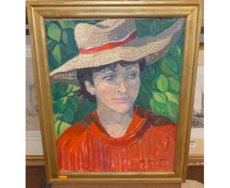 M Levick - Portrait of a young woman wearing a straw boater, acrylic, signed and dated lower right 1985, 46x36cm