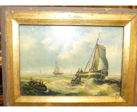 Continental school - Sailing and rowing boats in choppy seas, oil on panel, 11 x 16.5cm 