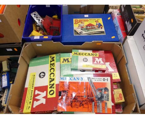 Two boxes containing Meccano related metal components to include various accessory outfits, Bayko Building Set (unchecked for