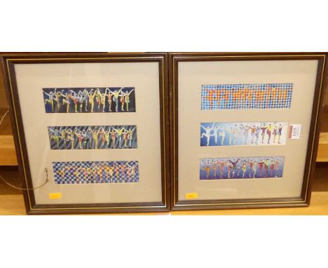 Sandy Poole - Pair; Design Dancers I, and Design Dancers II, watercolours, each framed as triptychs, each panel 5 x 18cm, sig