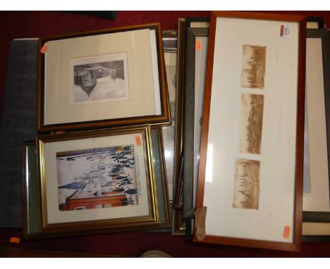 Assorted pictures and prints, to include S.L. Scott - Clare Bridge, Cambridge, etching; watercolours; reproduction map of Cam