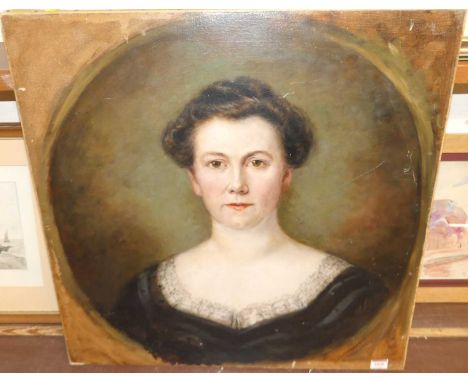 19th century English school - bust portrait of a young lady, oil on canvas, unframed and re-lined, 63.5x63.5cm