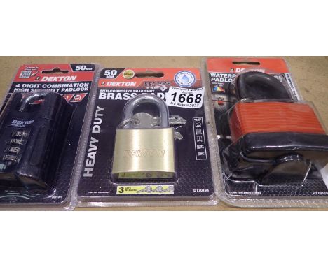 New and unused Dekton: 65 mm waterproof padlock, 50 mm brass padlock and a 4 digit combination padlock. P&amp;P Group 1 (£14+