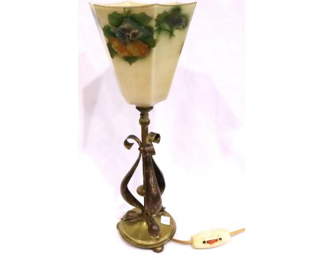 Brass and copper based Art Nouveau single lamp with glass shade, H: 46 cm. Not available for in-house P&amp;P, contact Paul O